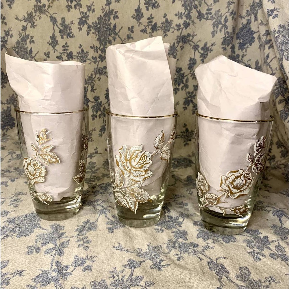 3 1960s Libbey Tumblers Rose Bouquet White Gold Flower Glasses